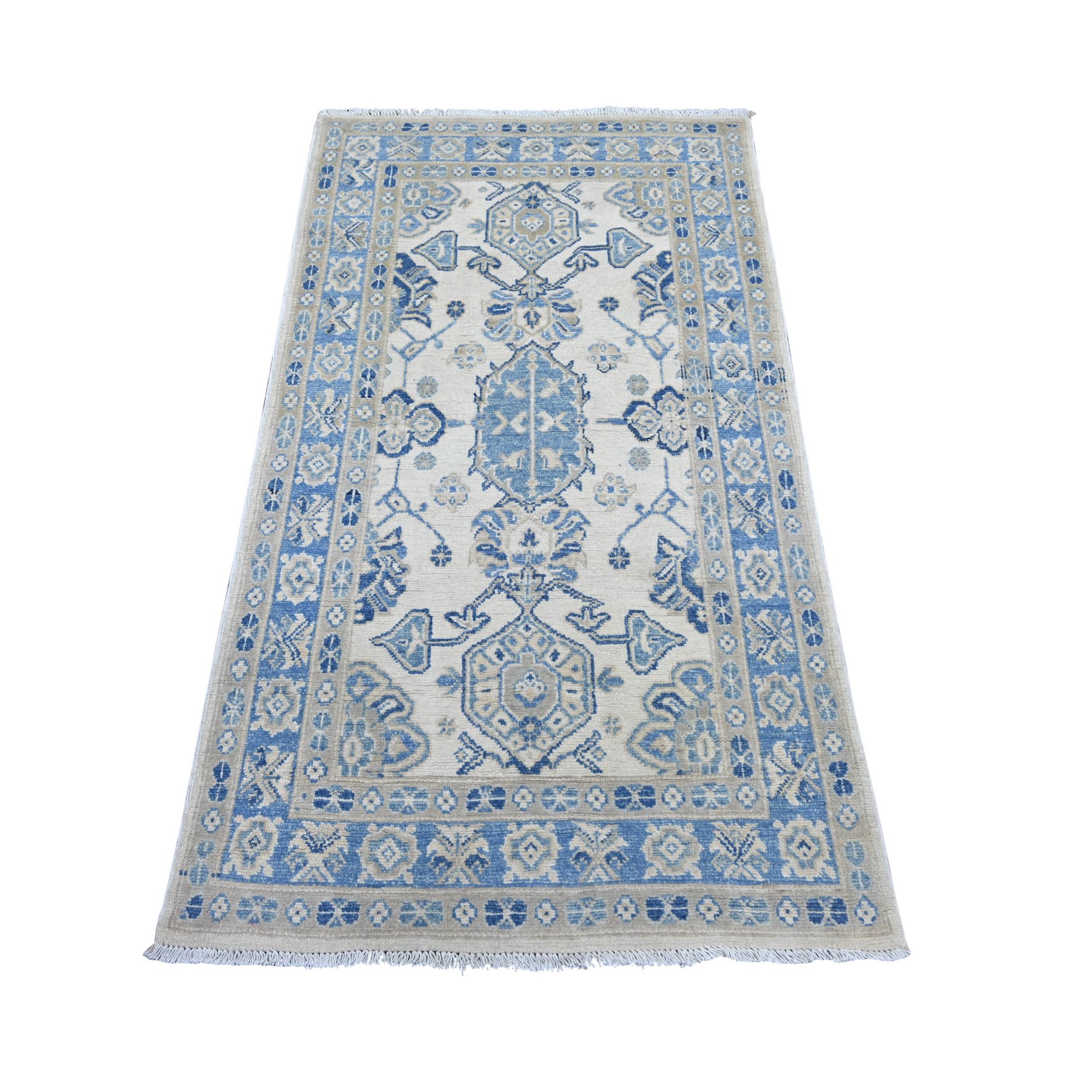 3'x5'3" Alabaster White, Vintage Look Kazak with All Over Design, 100% Wool, Hand Knotted, Natural Dyes, Oriental Rug 